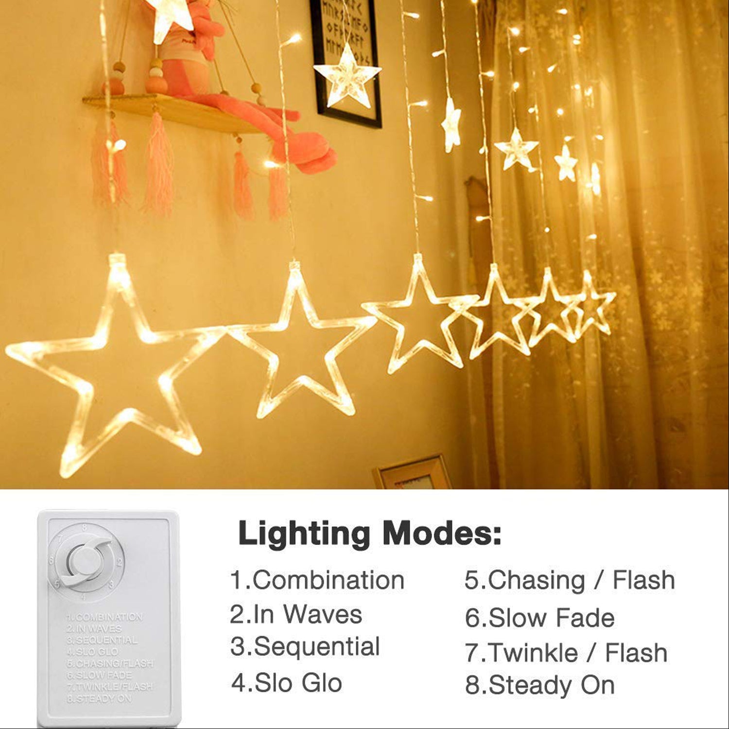 1253 12 Stars Curtain String Lights Window Curtain Lights With 8 Flashing Modes Decoration For Festivals